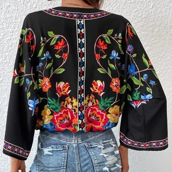 Black Boho Womens Floral Print Batwing Sleeve Wrap Blouse - Picture 2 of 5